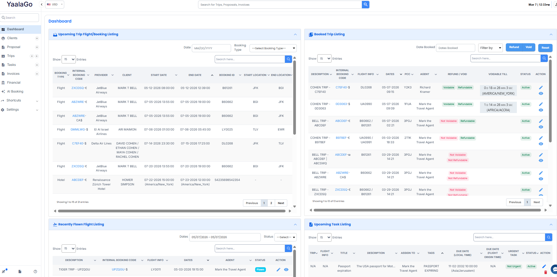 Yaalago dashboard — every trip, every status